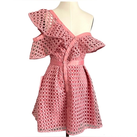 Self Portrait Lace Frill Off Lace Mini Dress With Pockets Pink Size 6 - Picture 3 of 12